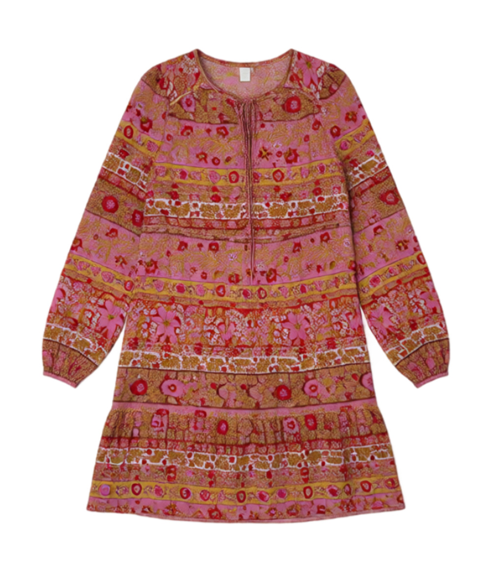 Billabong Hearts Desire Boho Floral Tiered Tie-Neck Mini Dress L Pink